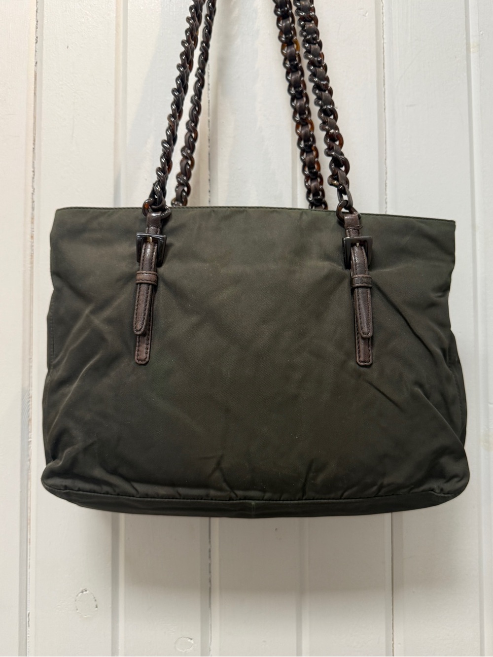 Prada Vintage Green Nylon Classic Shoulder Tote Bag with Acrylic Chain Straps - Picture 2 of 10